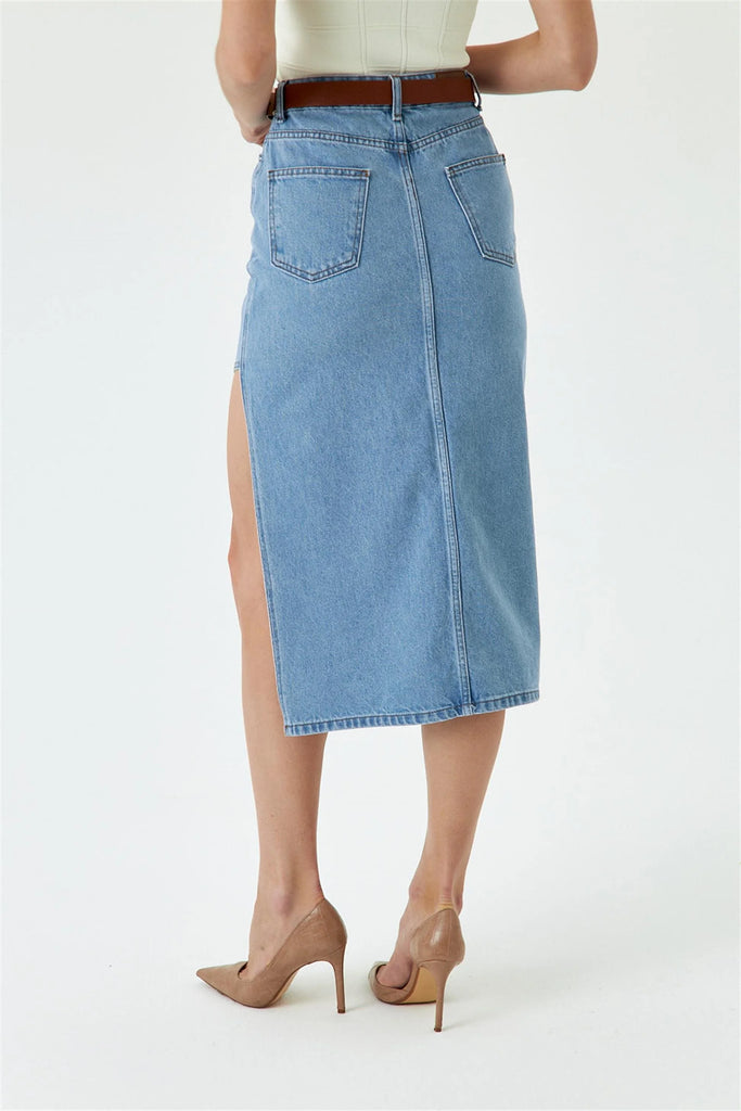 Midi denim skirt with asymmetric split detail blue