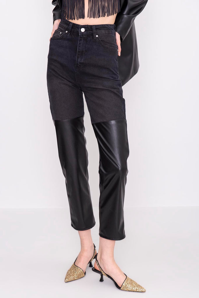 Black leather detailed denim trousers
