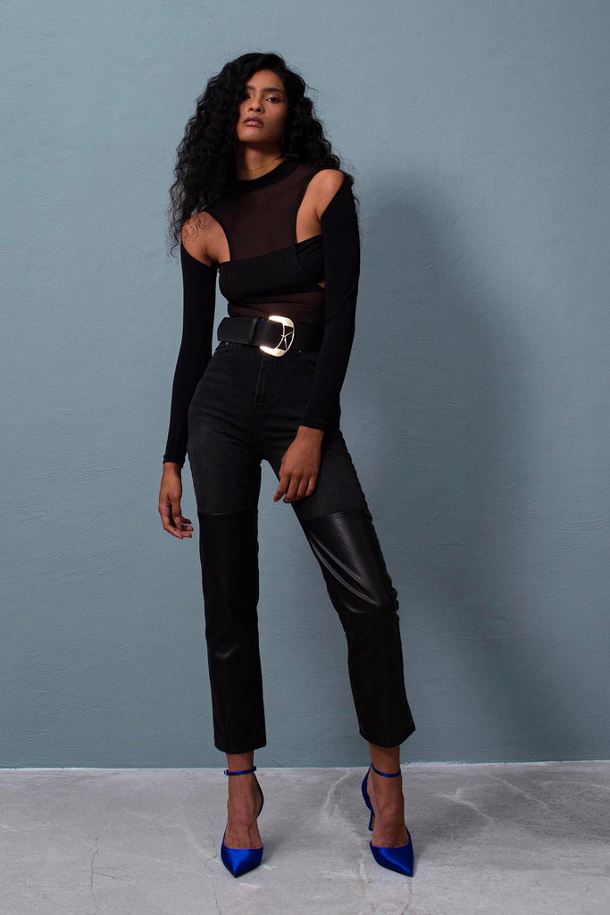 Black leather detailed denim trousers