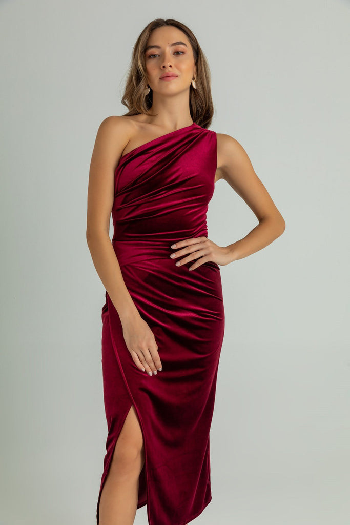 One shoulder velvet midi dress