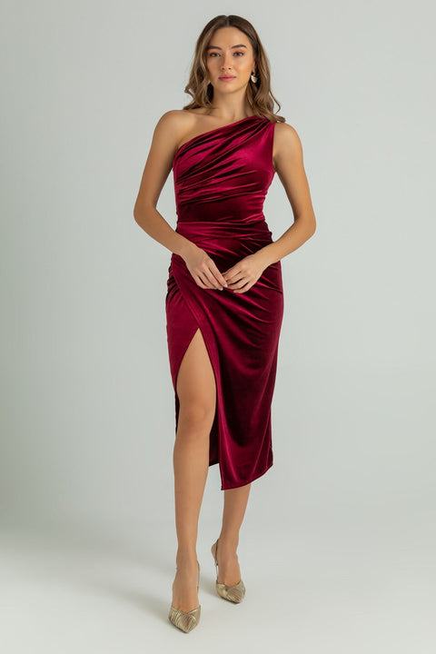 One shoulder velvet midi dress | Leya Boutique