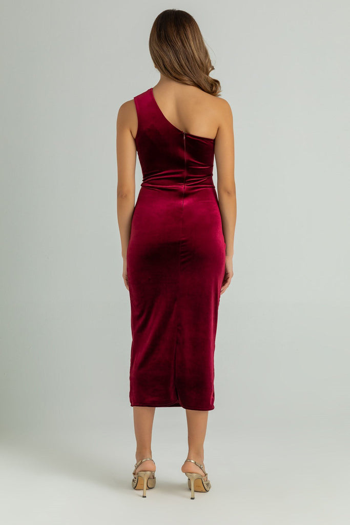 One shoulder velvet midi dress