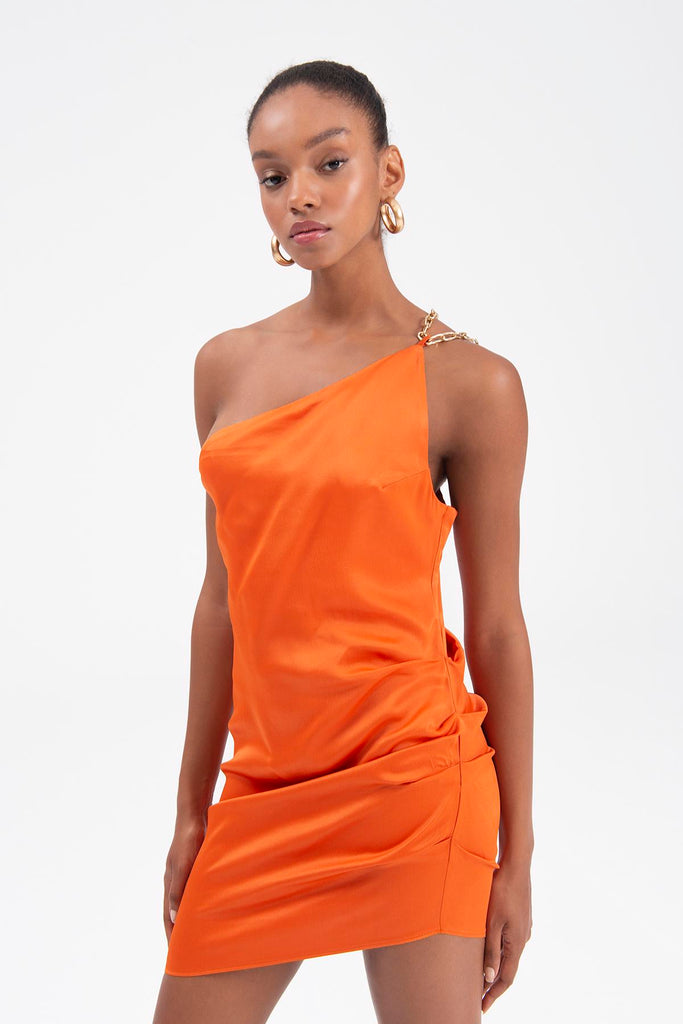 Orange  one shoulder chain hanger mini dress