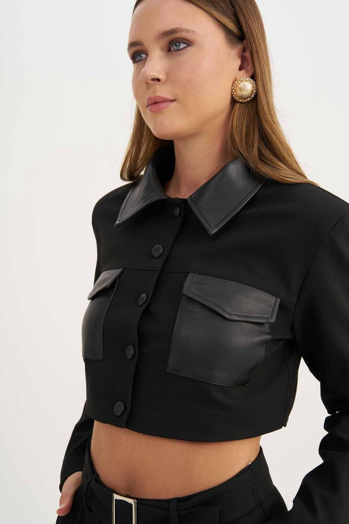 Flap pocket crop shirt and belted trousers set black