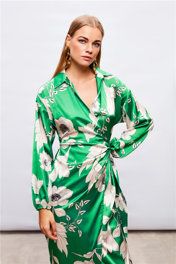 Double breasted side tie dress green
