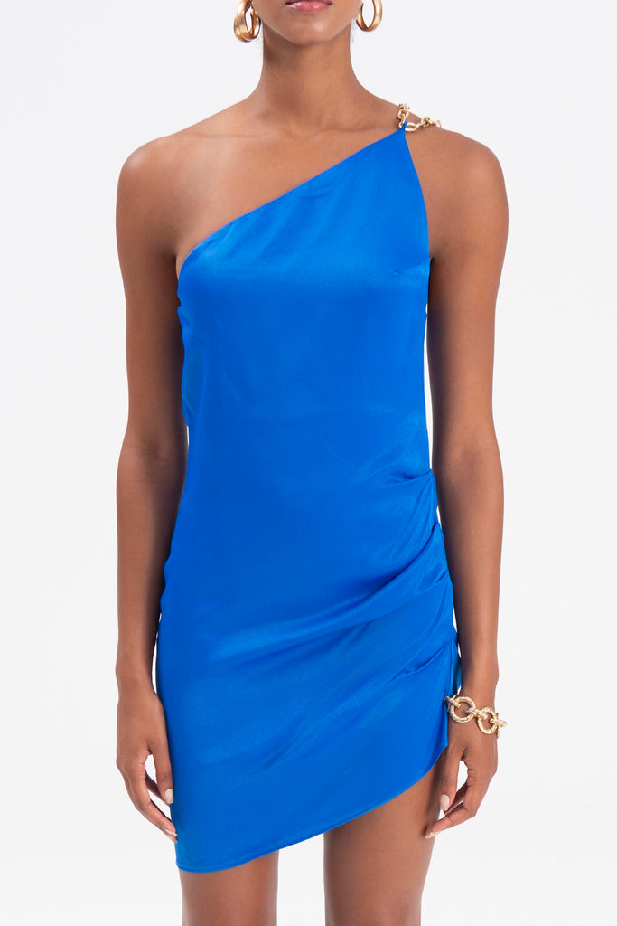 Sax blue  one shoulder chain hanger mini dress