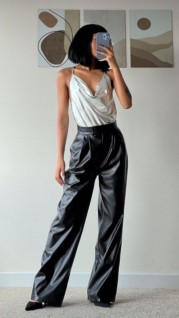 Black leather wide leg trousers