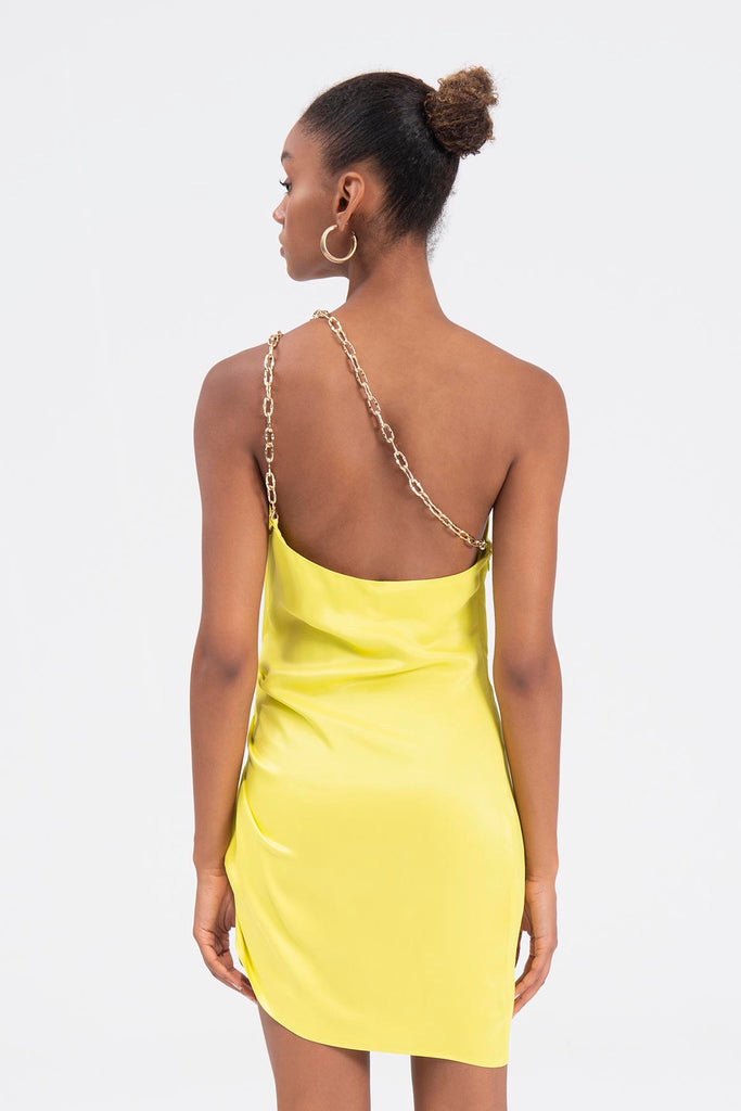 yellow one shoulder chain hanger mini dress