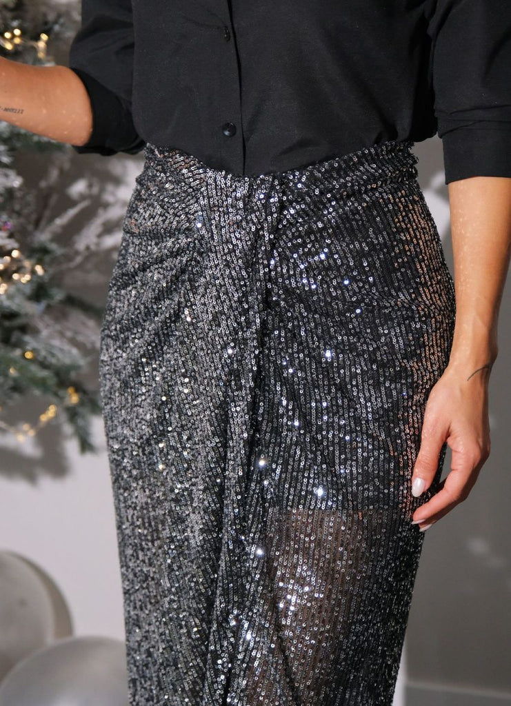 Sequin Long Skirt Silver