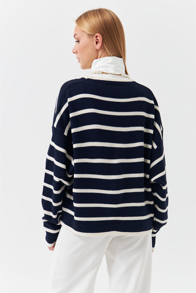 Striped cardigan with gold buttons navy blue